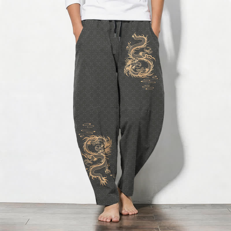 Buddha Stones Spodnie męskie zwężane, z czystej bawełny, ze wzorem złotego smoka, ze ściągaczem i kieszeniami - DimGray - US/UK/AU50, EU60 (5XL) - image 0