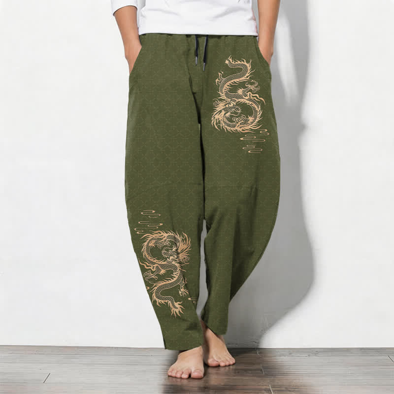 Buddha Stones Spodnie męskie zwężane, z czystej bawełny, ze wzorem złotego smoka, ze ściągaczem i kieszeniami - Oliwkowy - US/UK/AU50, EU60 (5XL) - image 7