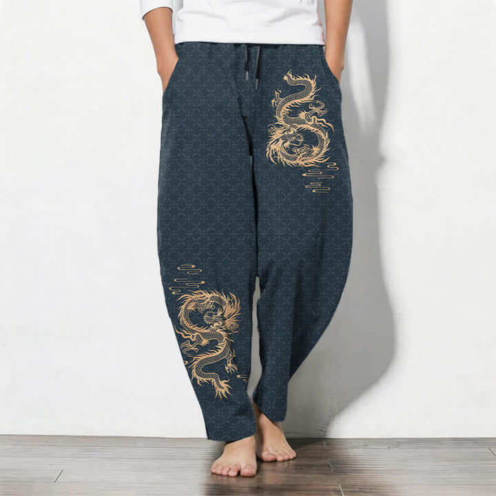 Buddha Stones Spodnie męskie zwężane, z czystej bawełny, ze wzorem złotego smoka, ze ściągaczem i kieszeniami - DarkSlateGray - US/UK/AU50, EU60 (5XL) - image 11