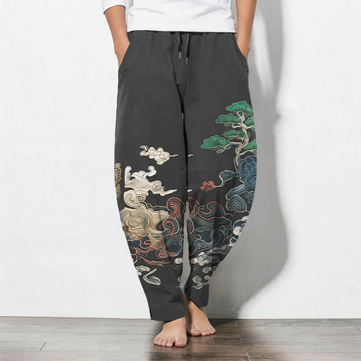 Buddha Stones Spodnie męskie zwężane z czystej bawełny z motywem fal Cloud Pine i ściągaczem - DimGray - US/UK/AU50, EU60 (5XL) - image 0