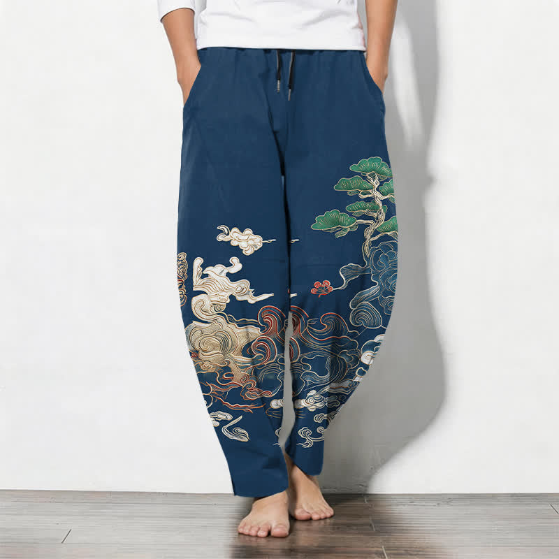 Buddha Stones Spodnie męskie zwężane z czystej bawełny z motywem fal Cloud Pine i ściągaczem - Marynarka wojenna - US/UK/AU50, EU60 (5XL) - image 7