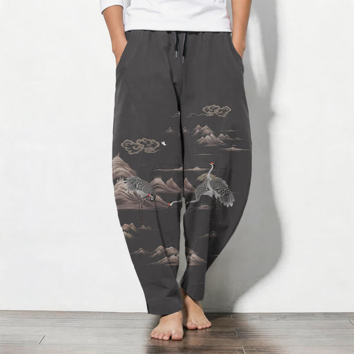 Buddha Stones Spodnie męskie zwężane z czystej bawełny z motywem żurawia i chmur, ze ściągaczem i kieszeniami - DimGray - US/UK/AU50, EU60 (5XL) - image 0