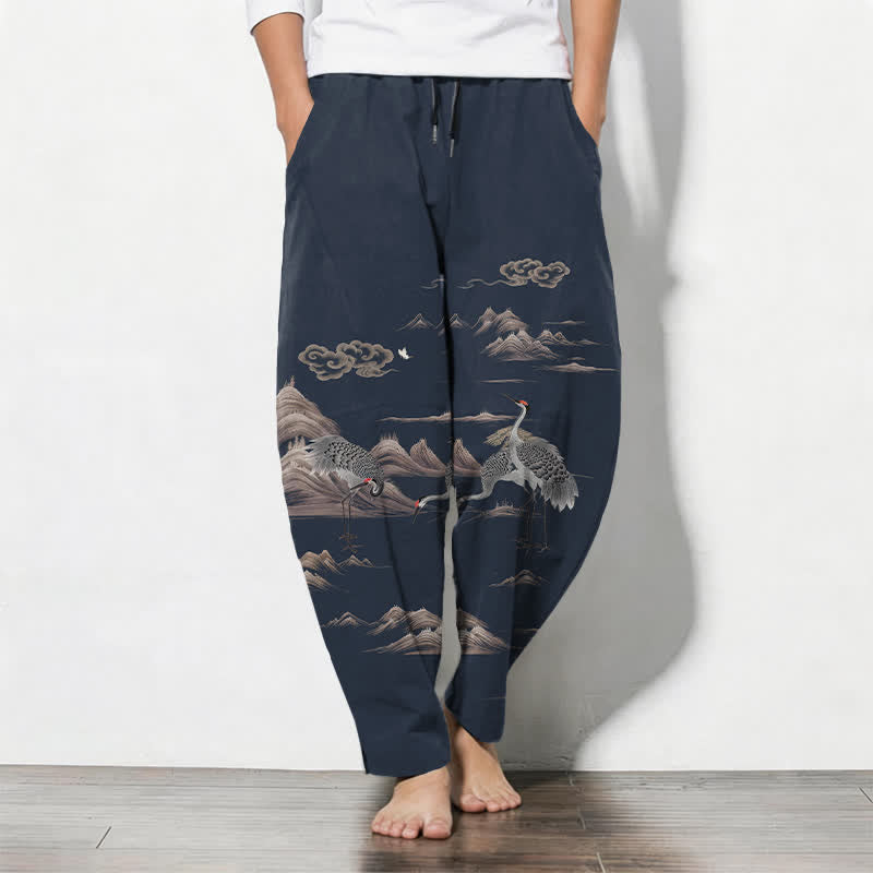Buddha Stones Spodnie męskie zwężane z czystej bawełny z motywem żurawia i chmur, ze ściągaczem i kieszeniami - MidnightBlue - US/UK/AU50, EU60 (5XL) - image 7