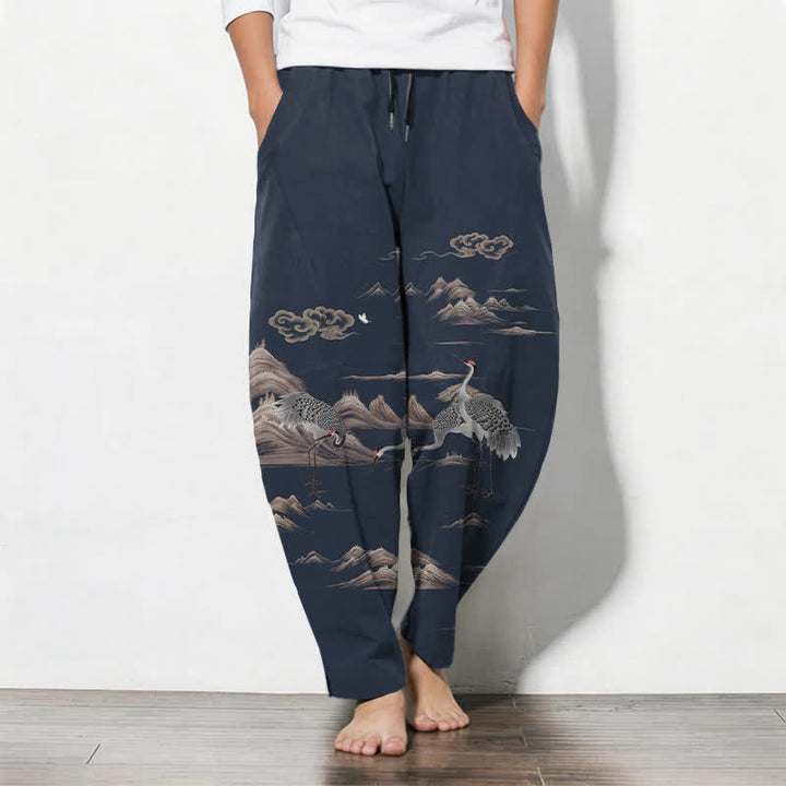Buddha Stones Spodnie męskie zwężane z czystej bawełny z motywem żurawia i chmur, ze ściągaczem i kieszeniami - MidnightBlue - US/UK/AU50, EU60 (5XL) - image 7