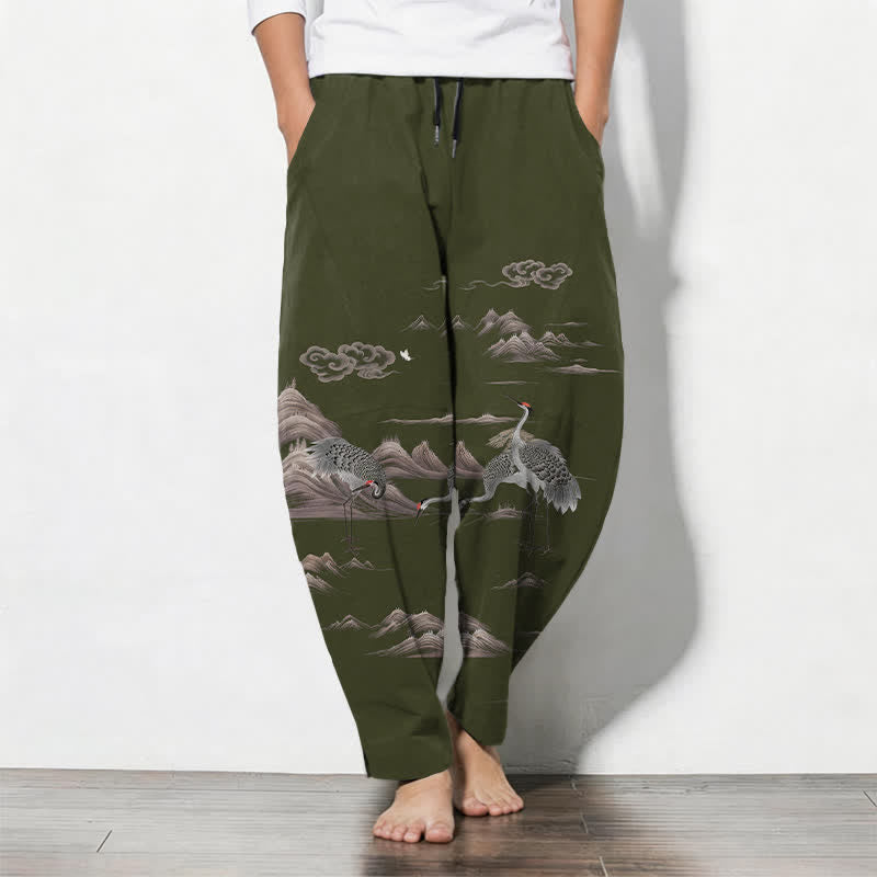 Buddha Stones Spodnie męskie zwężane z czystej bawełny z motywem żurawia i chmur, ze ściągaczem i kieszeniami - DarkOliveGreen - US/UK/AU50, EU60 (5XL) - image 11