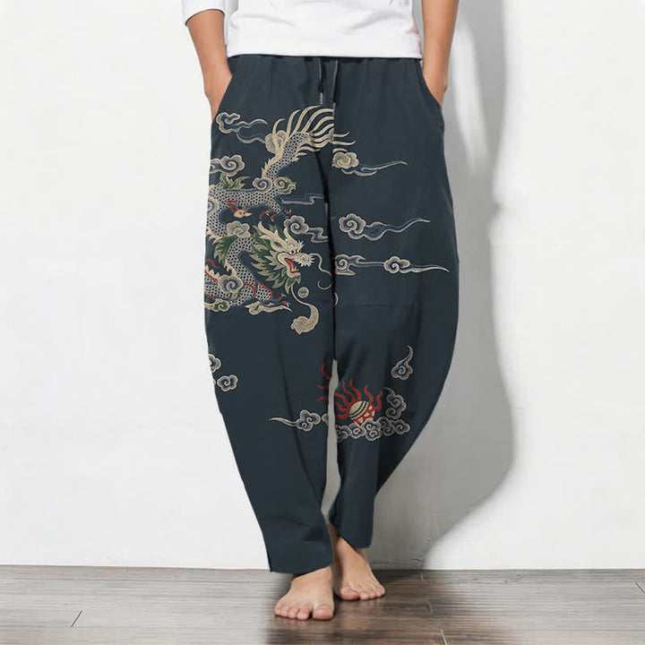Buddha Stones Spodnie męskie zwężane z czystej bawełny ze wzorem Dragon Cloud Fireball i ściągaczem oraz kieszeniami - Marynarka wojenna - US/UK/AU50, EU60 (5XL) - image 0