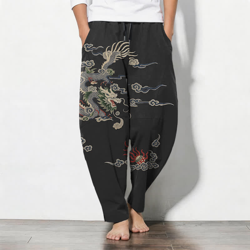 Buddha Stones Spodnie męskie zwężane z czystej bawełny ze wzorem Dragon Cloud Fireball i ściągaczem oraz kieszeniami - Czarny - US/UK/AU50, EU60 (5XL) - image 11