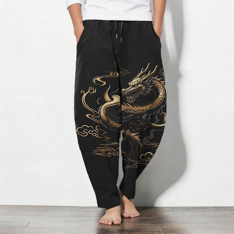 Buddha Stones Spodnie męskie zwężane z czystej bawełny, ze wzorem Golden Dragon i smukłą chmurką, ze ściągaczem i kieszeniami - Czarny - US/UK/AU50, EU60 (5XL) - image 0