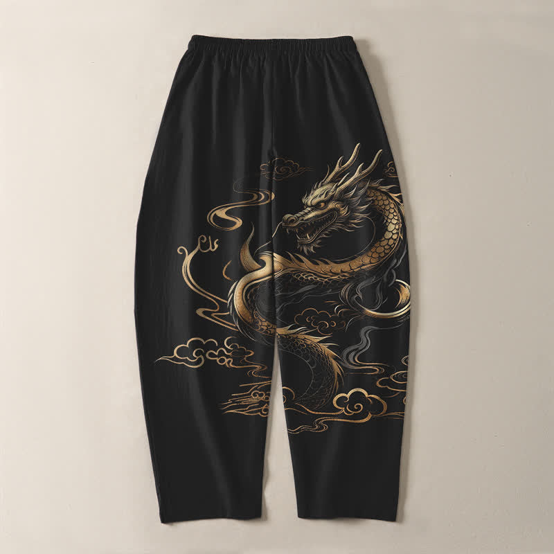 Buddha Stones Spodnie męskie zwężane z czystej bawełny, ze wzorem Golden Dragon i smukłą chmurką, ze ściągaczem i kieszeniami - image 3