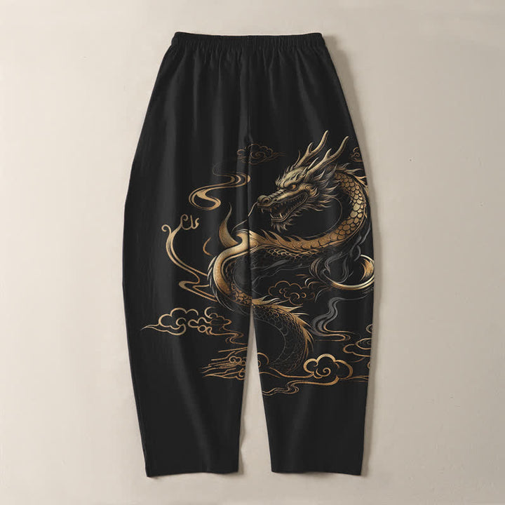 Buddha Stones Spodnie męskie zwężane z czystej bawełny, ze wzorem Golden Dragon i smukłą chmurką, ze ściągaczem i kieszeniami - image 3