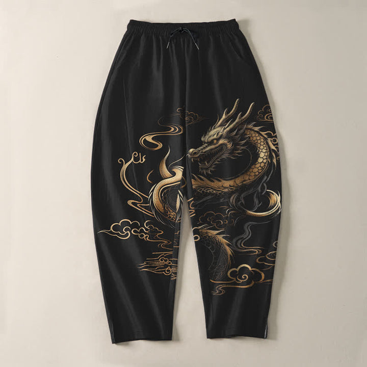 Buddha Stones Spodnie męskie zwężane z czystej bawełny, ze wzorem Golden Dragon i smukłą chmurką, ze ściągaczem i kieszeniami - image 2