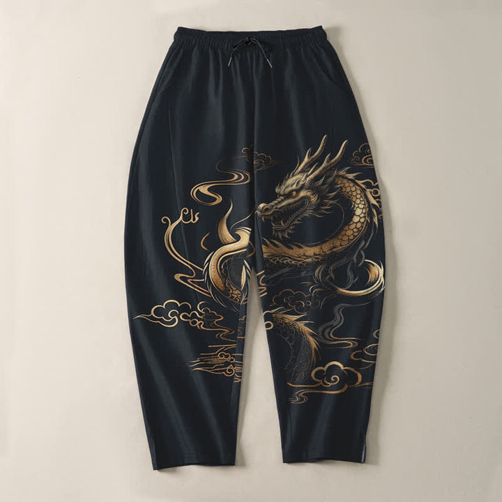 Buddha Stones Spodnie męskie zwężane z czystej bawełny, ze wzorem Golden Dragon i smukłą chmurką, ze ściągaczem i kieszeniami - image 9