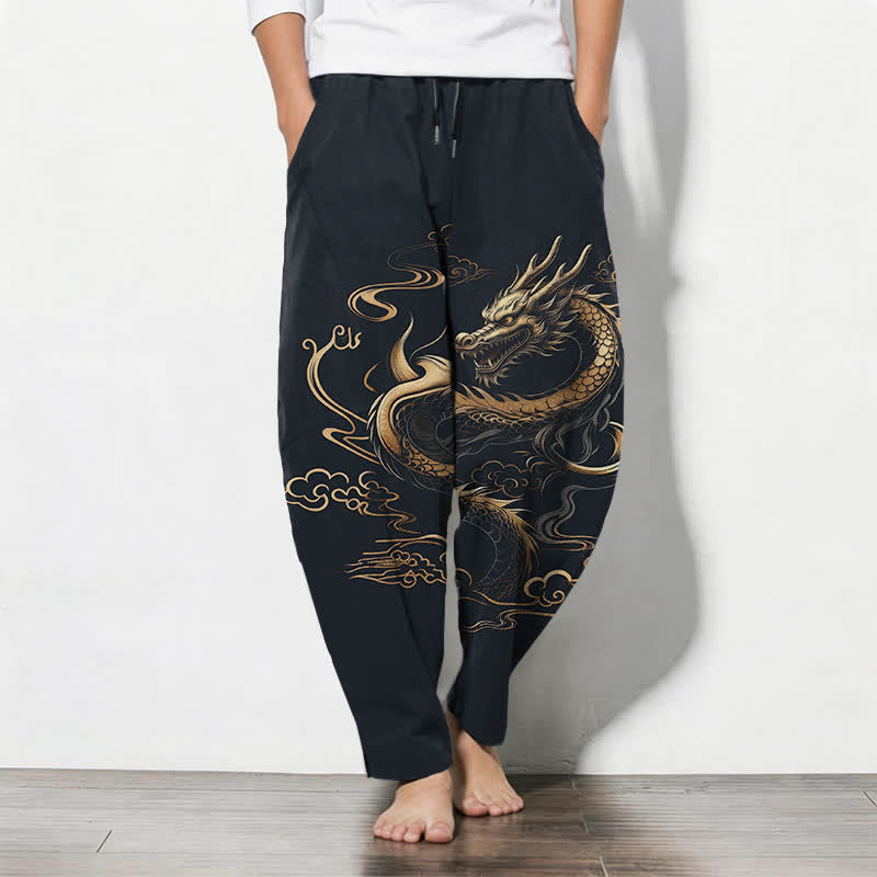 Buddha Stones Spodnie męskie zwężane z czystej bawełny, ze wzorem Golden Dragon i smukłą chmurką, ze ściągaczem i kieszeniami - MidnightBlue - US/UK/AU50, EU60 (5XL) - image 7