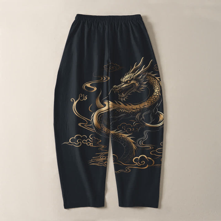 Buddha Stones Spodnie męskie zwężane z czystej bawełny, ze wzorem Golden Dragon i smukłą chmurką, ze ściągaczem i kieszeniami - image 10