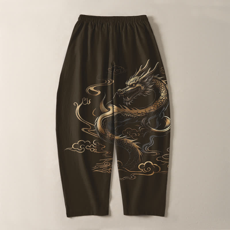 Buddha Stones Spodnie męskie zwężane z czystej bawełny, ze wzorem Golden Dragon i smukłą chmurką, ze ściągaczem i kieszeniami - image 14
