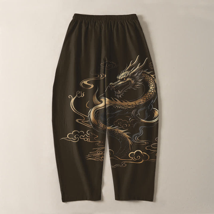 Buddha Stones Spodnie męskie zwężane z czystej bawełny, ze wzorem Golden Dragon i smukłą chmurką, ze ściągaczem i kieszeniami - image 14