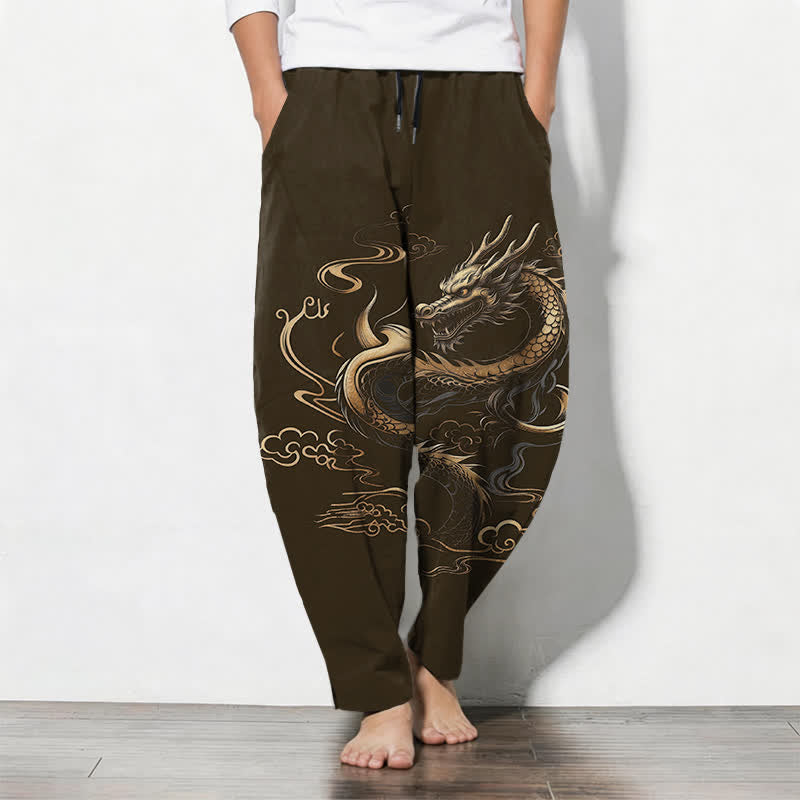 Buddha Stones Spodnie męskie zwężane z czystej bawełny, ze wzorem Golden Dragon i smukłą chmurką, ze ściągaczem i kieszeniami - DarkOliveGreen - US/UK/AU50, EU60 (5XL) - image 11