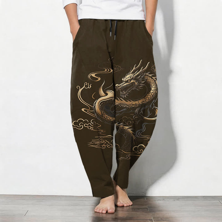 Buddha Stones Spodnie męskie zwężane z czystej bawełny, ze wzorem Golden Dragon i smukłą chmurką, ze ściągaczem i kieszeniami - DarkOliveGreen - US/UK/AU50, EU60 (5XL) - image 11