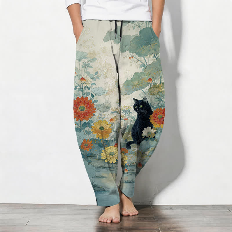 Buddha Stones Męskie spodnie zwężane z czystej bawełny z orientalnym czarnym kotem w kwiaty, ze ściągaczem i kieszeniami - PaleTurquoise - US/UK/AU50, EU60 (5XL) - image 11