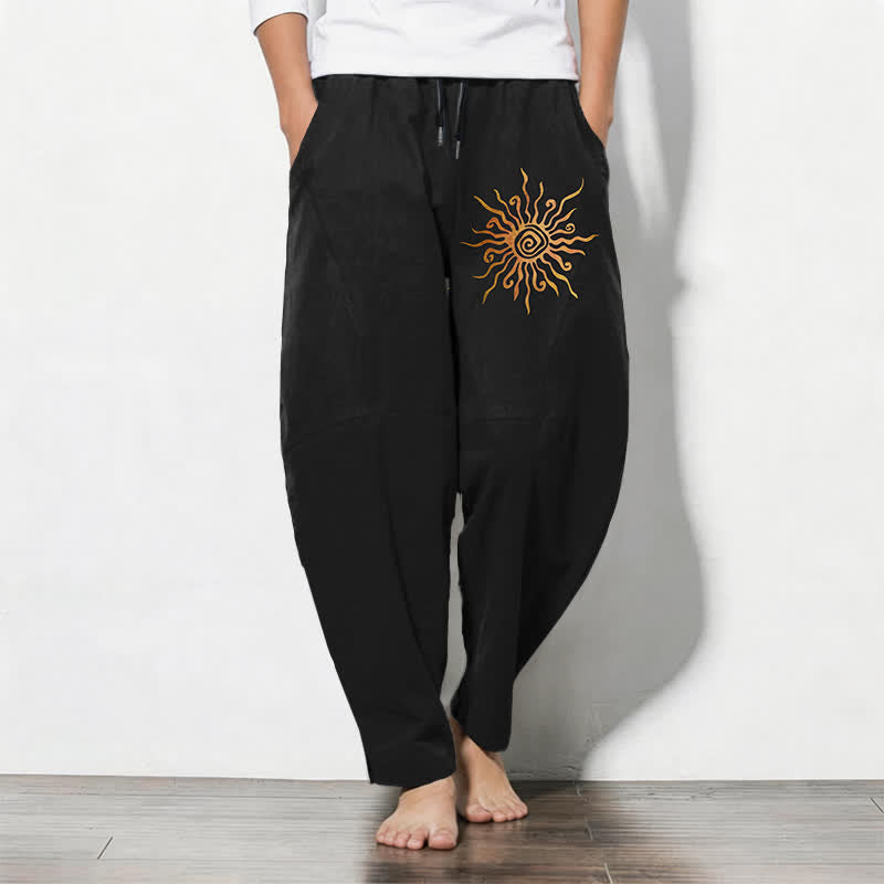 Buddha Stones Spodnie męskie zwężane z czystej bawełny ze wzorem spirali Golden Sun i ściągaczem, z kieszeniami - Czarny - US/UK/AU50, EU60 (5XL) - image 0