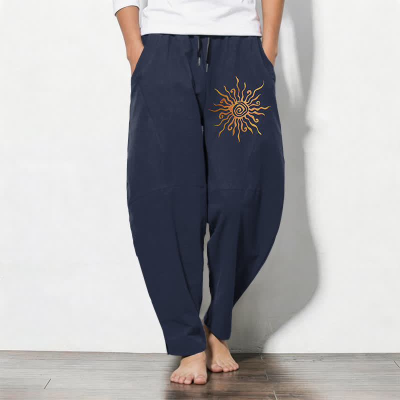 Buddha Stones Spodnie męskie zwężane z czystej bawełny ze wzorem spirali Golden Sun i ściągaczem, z kieszeniami - Marynarka wojenna - US/UK/AU50, EU60 (5XL) - image 7