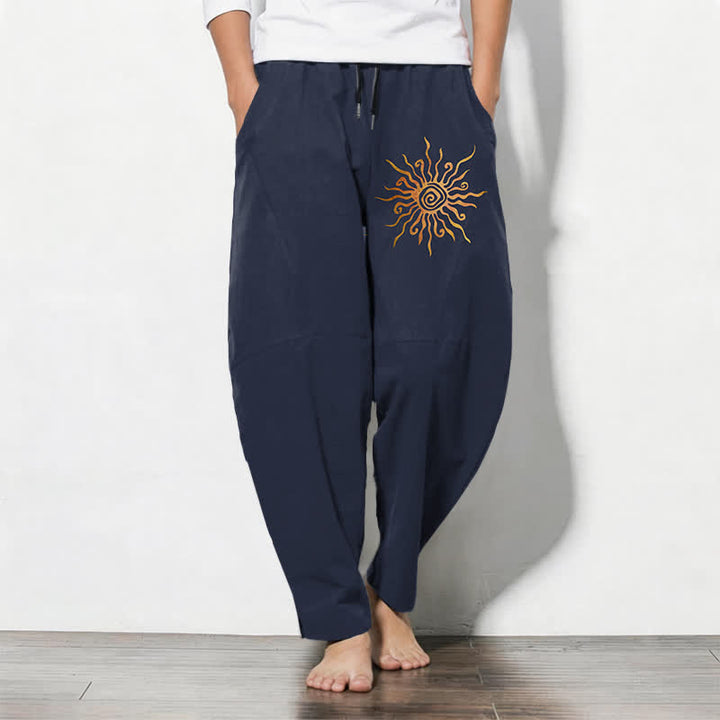 Buddha Stones Spodnie męskie zwężane z czystej bawełny ze wzorem spirali Golden Sun i ściągaczem, z kieszeniami - Marynarka wojenna - US/UK/AU50, EU60 (5XL) - image 7