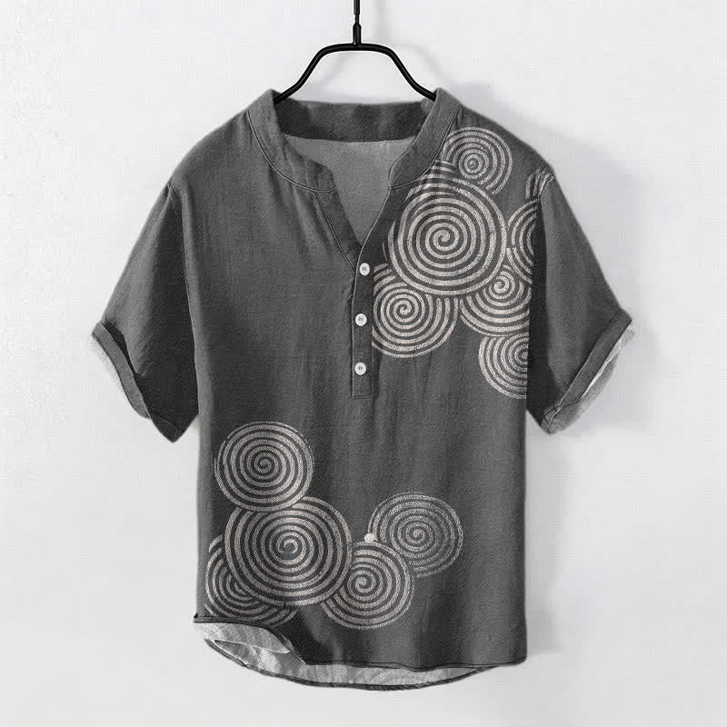 Buddha Stones Koszula męska z krótkim rękawem i okrągłym dekoltem, bawełniana, z wzorem spirali i guzikami - DimGray - US/UK/AU50, EU60 (5XL) - image 5