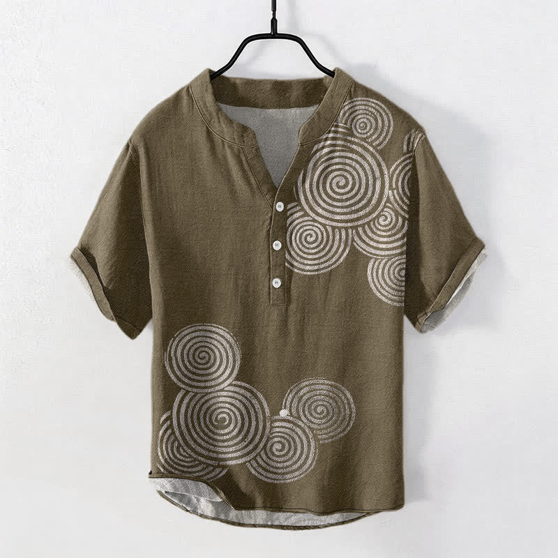Buddha Stones Koszula męska z krótkim rękawem i okrągłym dekoltem, bawełniana, z wzorem spirali i guzikami - Oliwka - US/UK/AU50, EU60 (5XL) - image 7