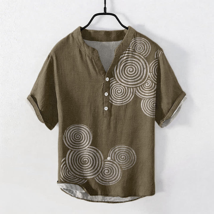 Buddha Stones Koszula męska z krótkim rękawem i okrągłym dekoltem, bawełniana, z wzorem spirali i guzikami - Oliwka - US/UK/AU50, EU60 (5XL) - image 7