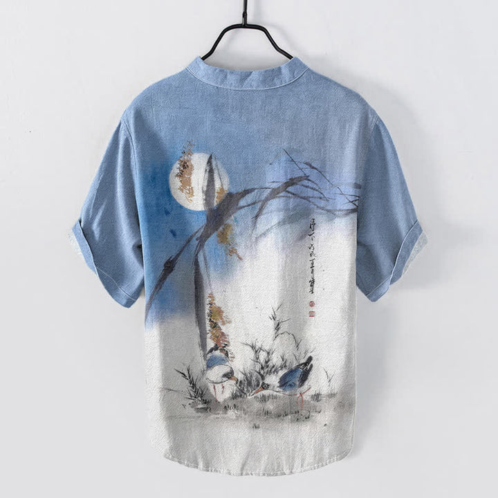 Buddha Stones Koszula męska z krótkim rękawem i nadrukiem w kształcie księżyca z nadrukiem Cotton Ink Bird, zapinana na pół guzika - image 1