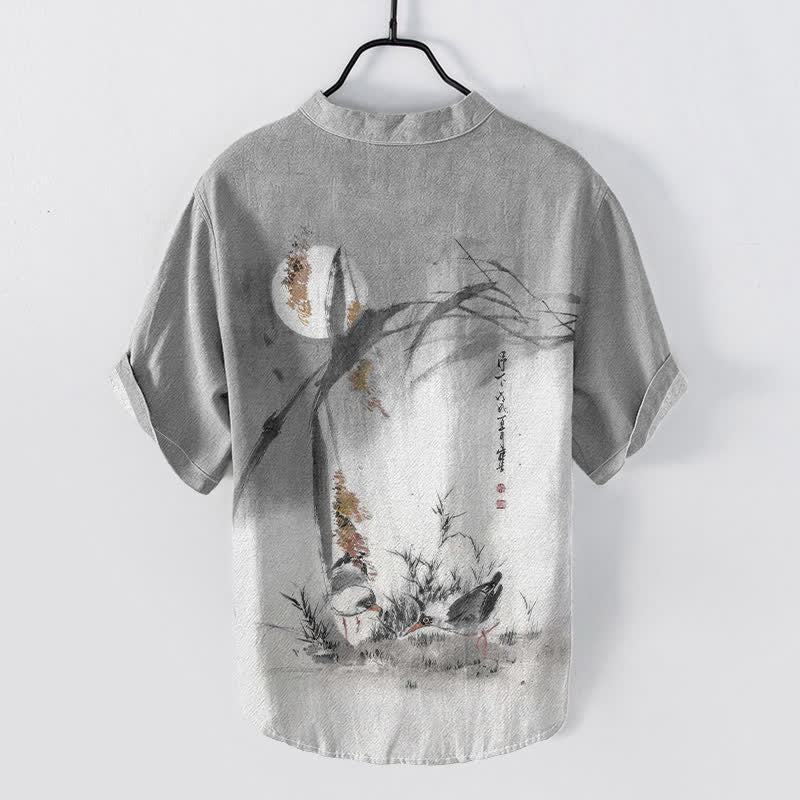 Buddha Stones Koszula męska z krótkim rękawem i nadrukiem w kształcie księżyca z nadrukiem Cotton Ink Bird, zapinana na pół guzika - image 6