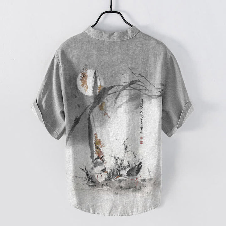 Buddha Stones Koszula męska z krótkim rękawem i nadrukiem w kształcie księżyca z nadrukiem Cotton Ink Bird, zapinana na pół guzika - image 6