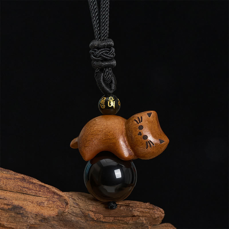 Buddha Stones Naszyjnik z koralikami z czarnego obsydianu i drzewa sandałowego Om Mani Padme Hum z liny ochronnej - image 2