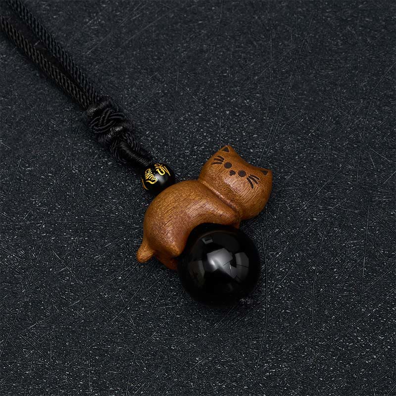 Buddha Stones Naszyjnik z koralikami z czarnego obsydianu i drzewa sandałowego Om Mani Padme Hum z liny ochronnej - image 3