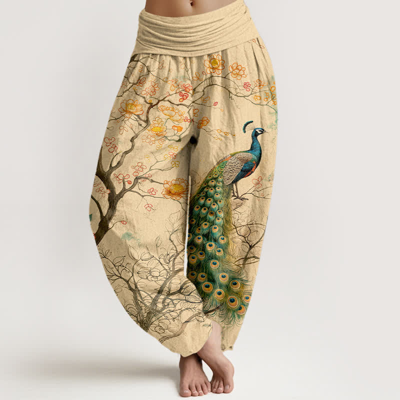 Buddha Stones Spodnie damskie haremowe z bawełny z motywem pawia i kwiatów - Pszenica - US16, UK/AU20, EU48 (3XL) - image 0