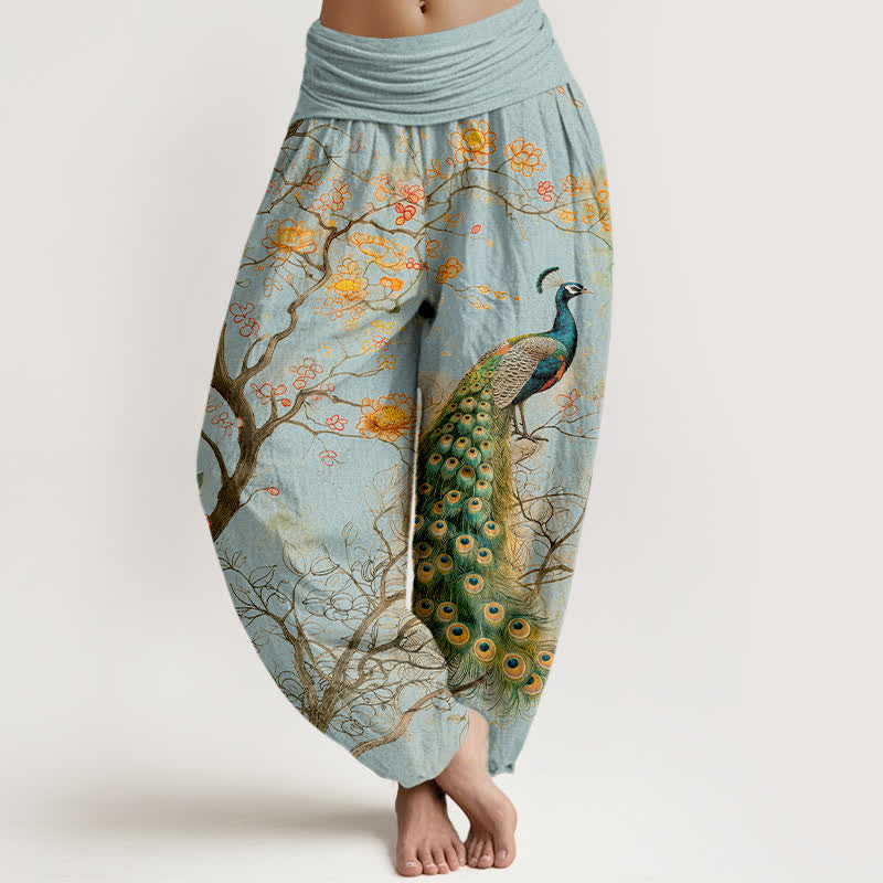 Buddha Stones Spodnie damskie haremowe z bawełny z motywem pawia i kwiatów - PowderBlue - US16, UK/AU20, EU48 (3XL) - image 8