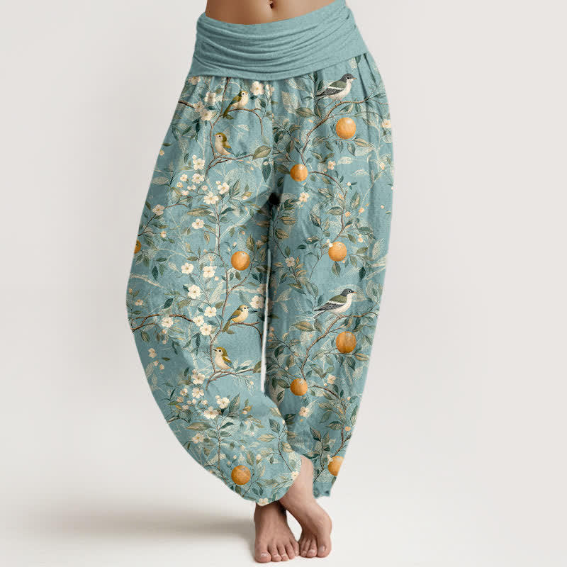 Buddha Stones Spodnie damskie typu harem z elastyczną talią i wzorem w ptasie pomarańczy - SkyBlue - US16, UK/AU20, EU48 (3XL) - image 0