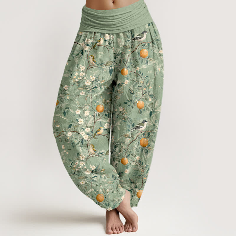 Buddha Stones Spodnie damskie typu harem z elastyczną talią i wzorem w ptasie pomarańczy - DarkSeaGreen - US16, UK/AU20, EU48 (3XL) - image 8