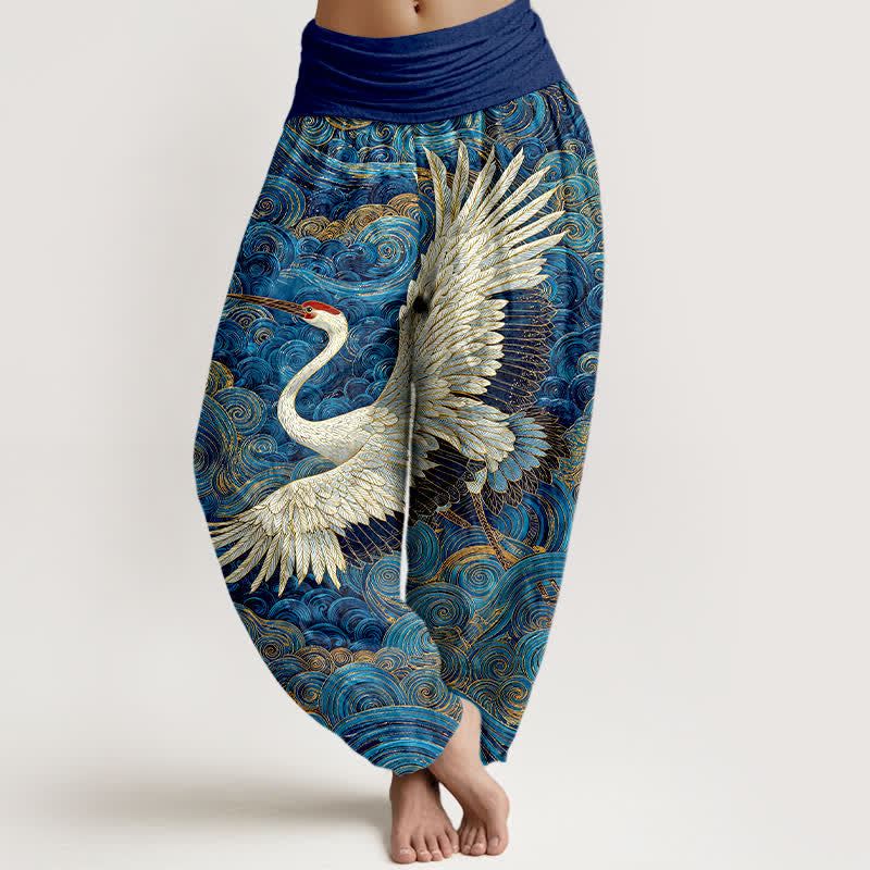 Buddha Stones Spodnie damskie typu harem z elastycznej talii w kolorze białym z wzorem w kształcie fali żurawia - RoyalBlue - US16, UK/AU20, EU48 (3XL) - image 0