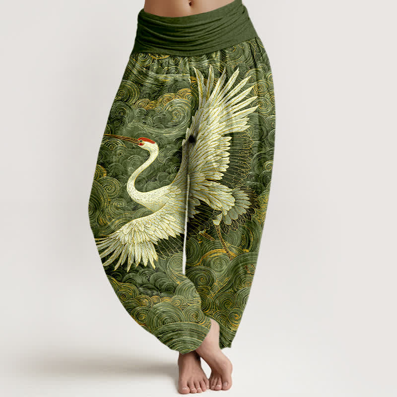 Buddha Stones Spodnie damskie typu harem z elastycznej talii w kolorze białym z wzorem w kształcie fali żurawia - Zielony - US16, UK/AU20, EU48 (3XL) - image 5