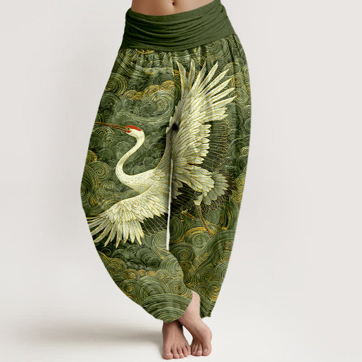 Buddha Stones Spodnie damskie typu harem z elastycznej talii w kolorze białym z wzorem w kształcie fali żurawia - Zielony - US16, UK/AU20, EU48 (3XL) - image 5