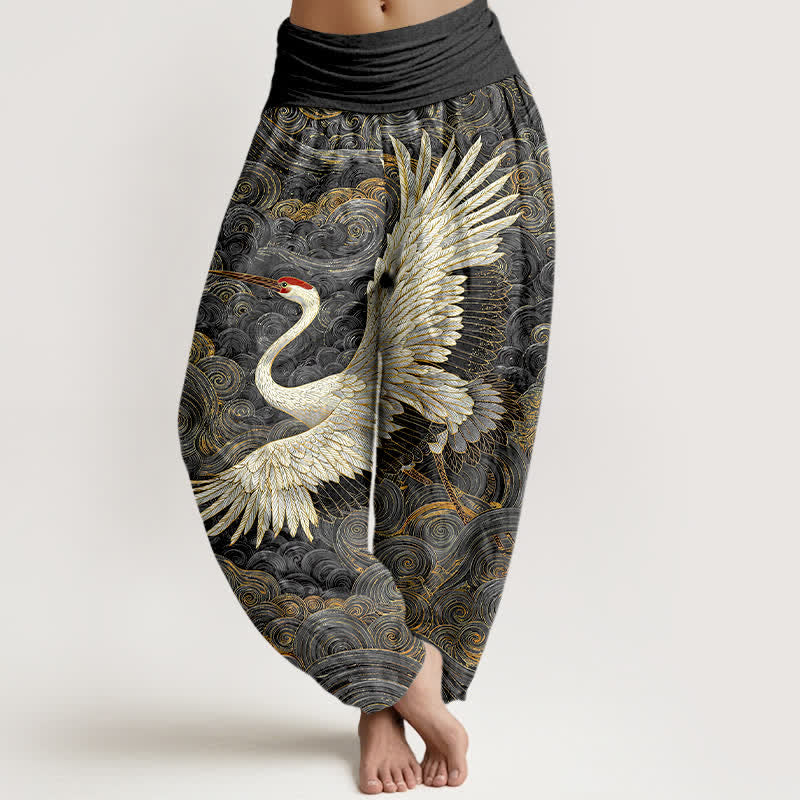 Buddha Stones Spodnie damskie typu harem z elastycznej talii w kolorze białym z wzorem w kształcie fali żurawia - DimGray - US16, UK/AU20, EU48 (3XL) - image 8