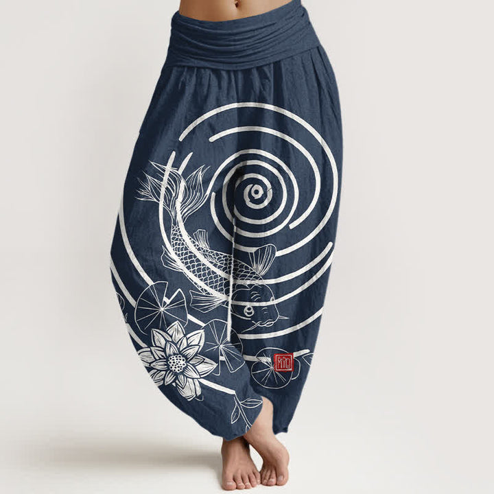 Buddha Stones Spodnie damskie haremowe z bawełny z motywem ryby koi i lotosu, z elastyczną talią - Marynarka wojenna - US16, UK/AU20, EU48 (3XL) - image 0