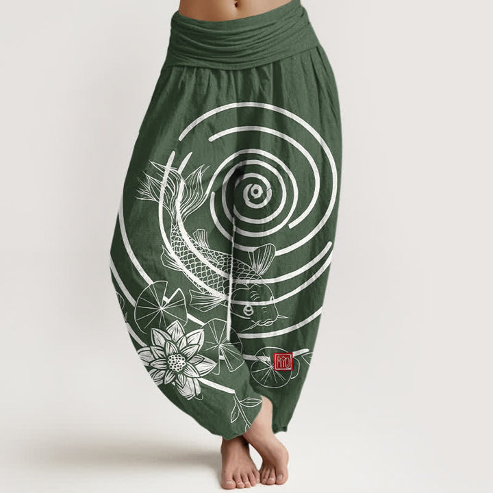 Buddha Stones Spodnie damskie haremowe z bawełny z motywem ryby koi i lotosu, z elastyczną talią - ForestGreen - US16, UK/AU20, EU48 (3XL) - image 5