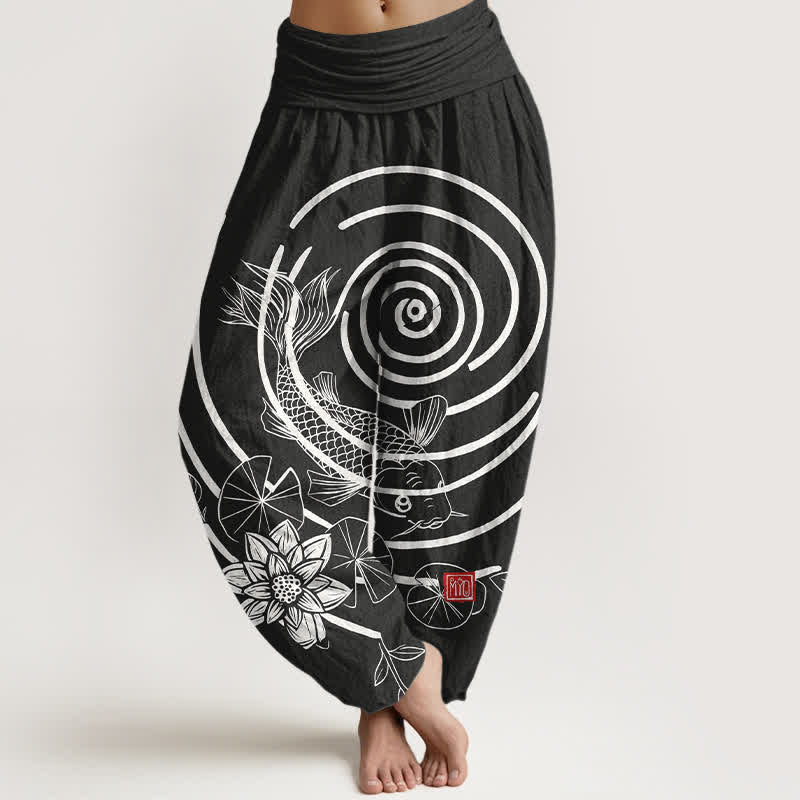 Buddha Stones Spodnie damskie haremowe z bawełny z motywem ryby koi i lotosu, z elastyczną talią - Czarny - US16, UK/AU20, EU48 (3XL) - image 8
