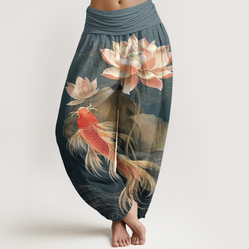 Buddha Stones Eleganckie bawełniane spodnie haremki damskie z elastyczną talią i wzorem w złotą rybkę koi i lotos - Cyraneczka - US16, UK/AU20, EU48 (3XL) - image 0
