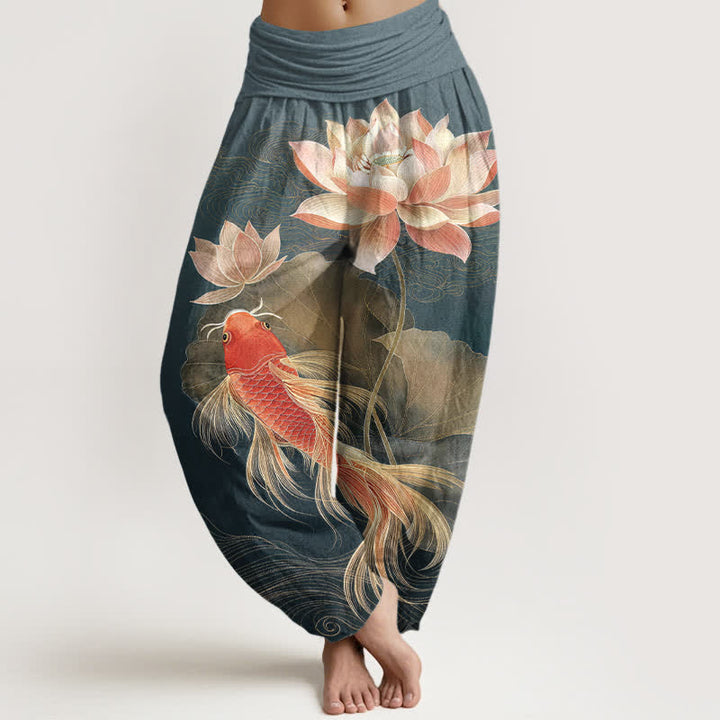 Buddha Stones Eleganckie bawełniane spodnie haremki damskie z elastyczną talią i wzorem w złotą rybkę koi i lotos - Cyraneczka - US16, UK/AU20, EU48 (3XL) - image 0