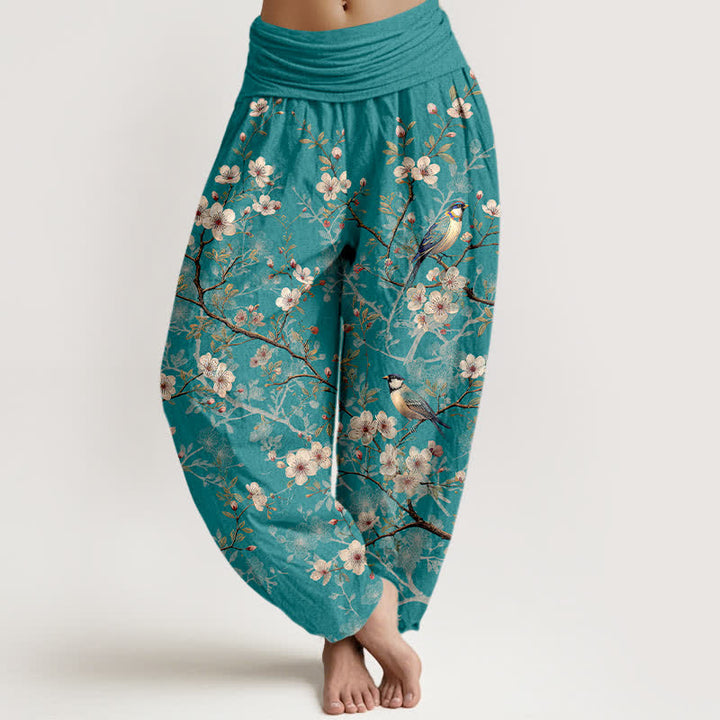 Buddha Stones Spodnie damskie typu harem z bawełny z elastyczną talią i wzorem w kwiaty ptaków - LightSeaGreen - US16, UK/AU20, EU48 (3XL) - image 0