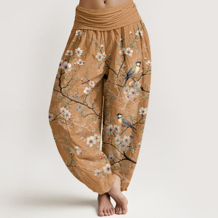 Buddha Stones Spodnie damskie typu harem z bawełny z elastyczną talią i wzorem w kwiaty ptaków - Dębnik - US16, UK/AU20, EU48 (3XL) - image 5