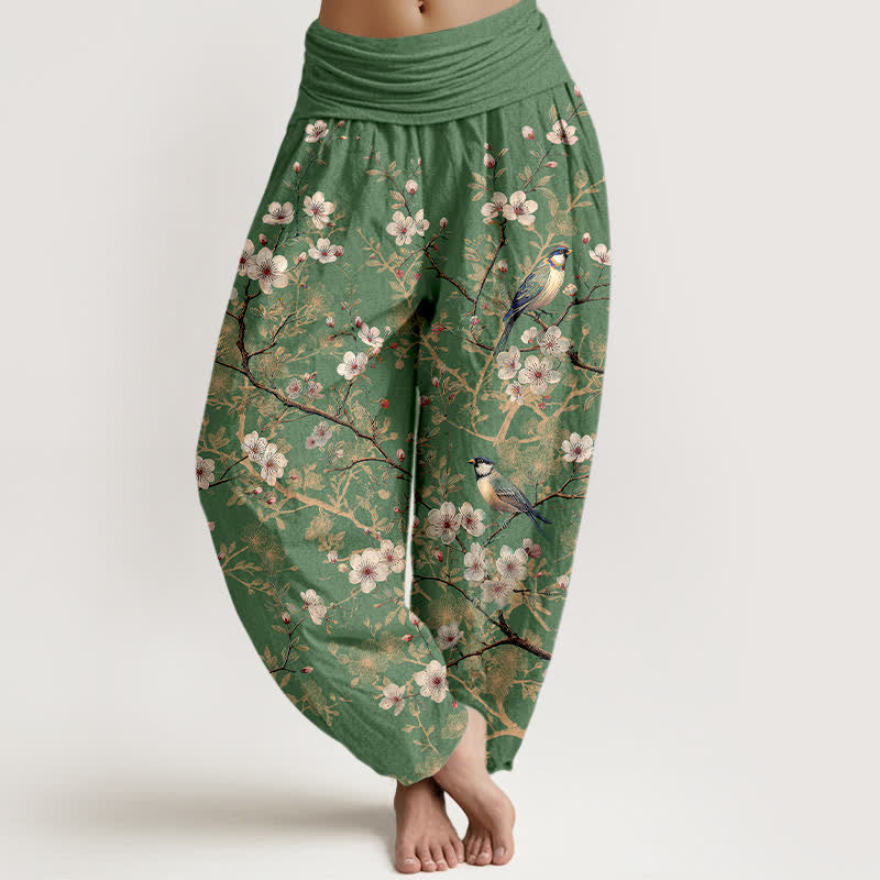 Buddha Stones Spodnie damskie typu harem z bawełny z elastyczną talią i wzorem w kwiaty ptaków - Oliwkowy - US16, UK/AU20, EU48 (3XL) - image 8